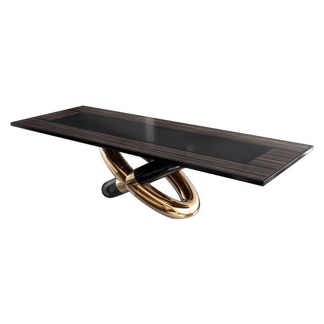 "Mise en Place" Dining Table, with Bronze, Stainless Steel, Zebra Wood Bizimyer Furniture. Unmatched. Unrivalled. Designed...