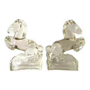 1940's Clear Pressed Glass Rearing Horses Bookends, Attributed to l.e. Smith - a Pair