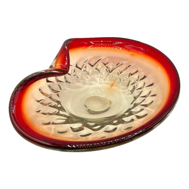 Mid 20th Century Italian Murano Art Glass Folded Edge Bowl W/ Ruby Rim For Sale