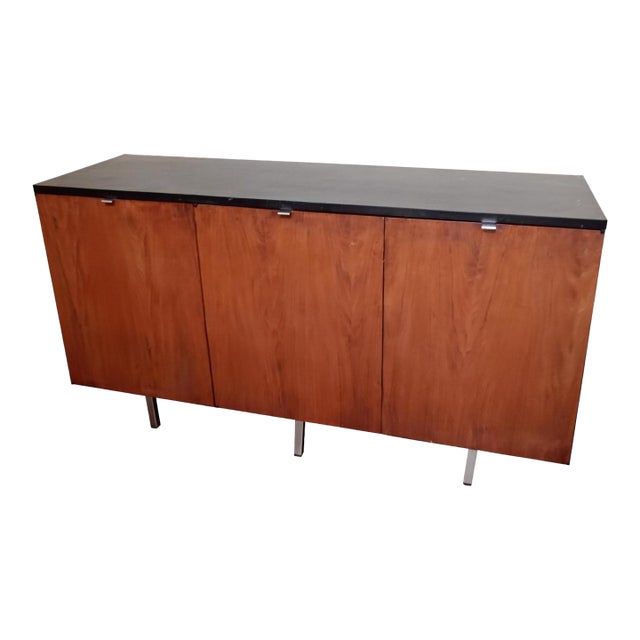 1960s Mid-Century Modern Walnut Veneer Credenza Sideboard With Black Laminate Top For Sale