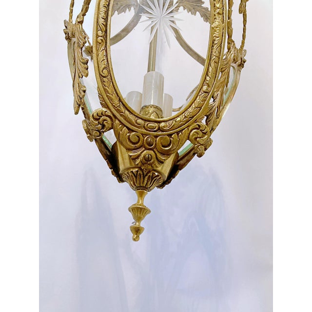 Traditional Vintage Bronze Lantern With Etched Glass Panels For Sale - Image 3 of 17