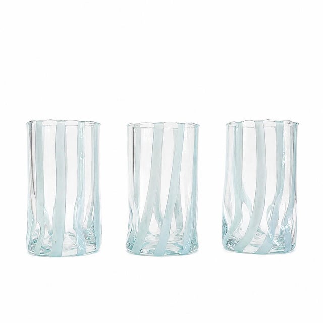 Set of 6 Size: 5.5"H x 3.25"W Baby Blue/Clear Striped Murano Glass Tumblers Scalloped Rim Made in Italy | Hand-painted...