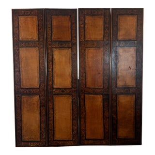Vintage Spanish Colonial Style Tooled Leather Four-Panel Folding Screen For Sale