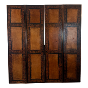 Vintage Spanish Colonial Style Tooled Leather Four-Panel Folding Screen