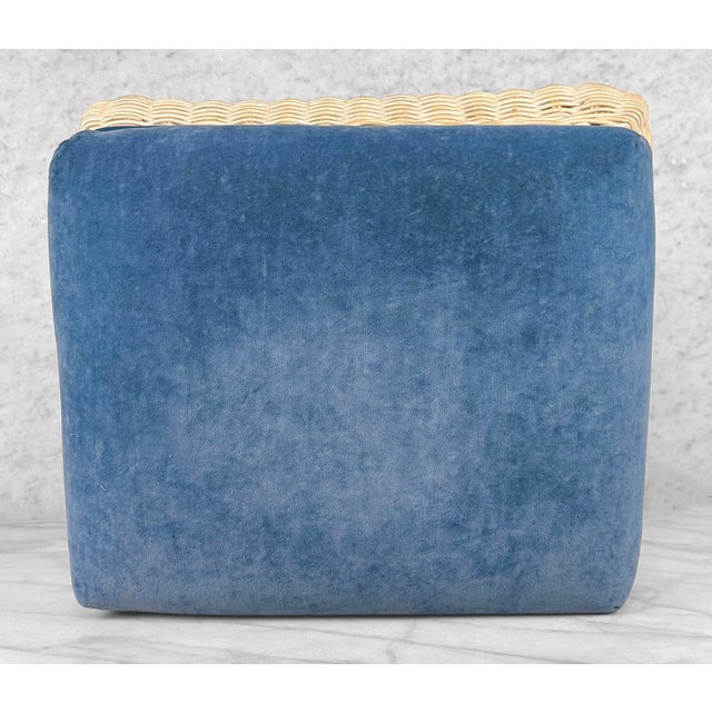 Wood Vintage 70s Coastal Natural Wicker Blue Suede Footstool Ottoman For Sale - Image 7 of 10
