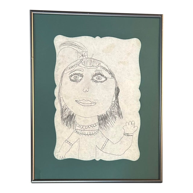 1990’s Original Folk Art Female Portrait Pencil Drawing on Placemat For Sale