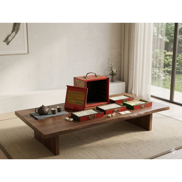 1990s Chinese Flower Bird Red Vinyl Box Small Size Mahjong Tiles Game Set For Sale - Image 5 of 11