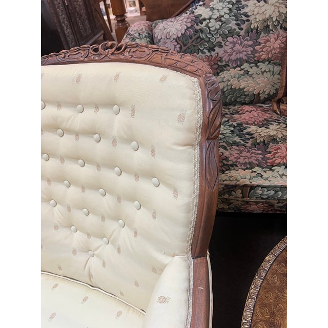 Early 20th Century 1920's Art Nouveau Carved Walnut Lounge Club Chair Pineapple Upholstery For Sale - Image 5 of 11