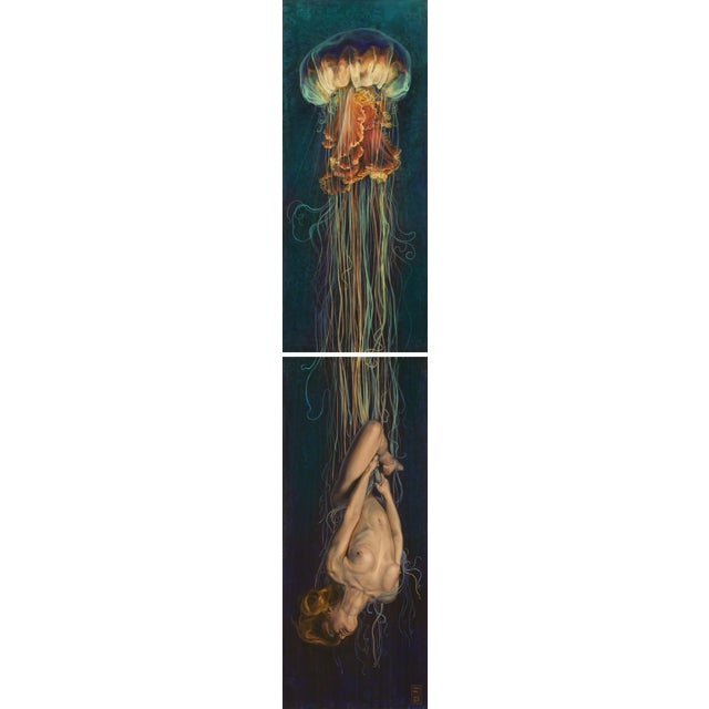 Psychedelic Swing presents a striking juxtaposition of a jellyfish and a suspended figure, both enveloped in vibrant hues...