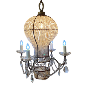 Early 1900s Belle Epoque French Gilt & Beaded Crystal Hot Air Balloon Chandelier