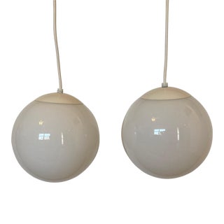 Late 20th Century Mid-Century Style Opaline White Glass Globe Pendant Lights - a Pair For Sale