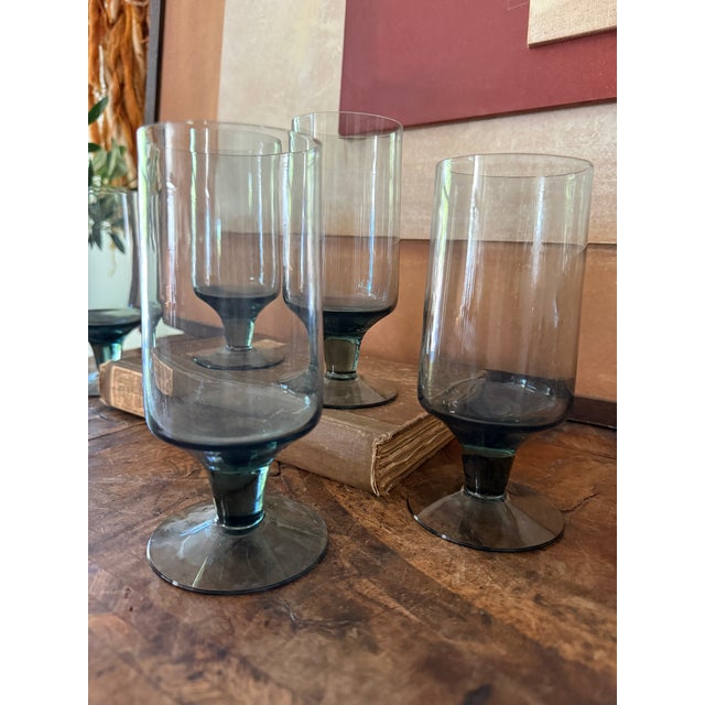 Set of Five (5) Vintage Smoky Blue Gray Glass Goblets Attributed to Dartington For Sale - Image 10 of 10