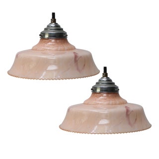 French Green Marble Patern Glass Pendant Lamps, 1920s, Set of 2 For Sale