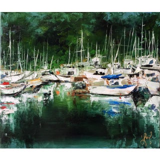 The Inlet by Leigh Ann Van Fossan | Oil Painting of boats in a marina with green background For Sale