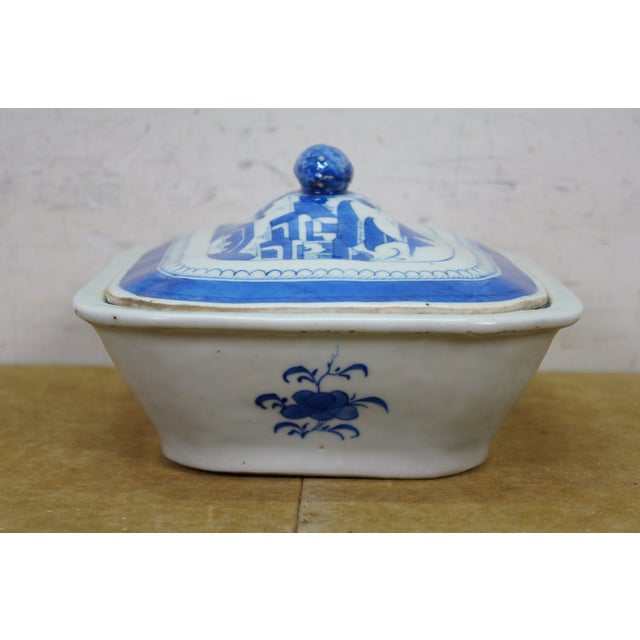 Mid 19th Century Antique Chinese Export Canton Blue White Serving Platter & Vegetable Tureens - Set of 3 For Sale - Image 5 of 18