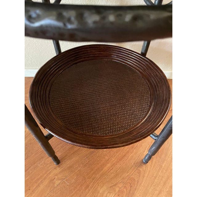 Boho Chic 1960s Vintage Wrought Iron Bamboo and Wicker Tray Table For Sale - Image 3 of 9