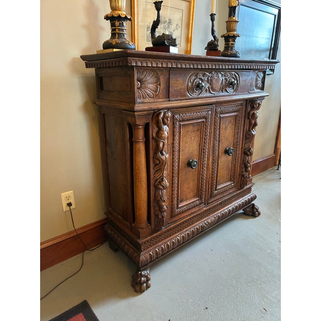 17th Century Antique Baroque 17th C. Two Door Carved Cabinet on Carved Paw Feet. 45.5l X 16.5d X 43.5h For Sale - Image 5 of 9