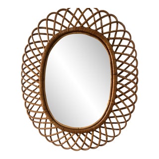 Midcentury Rattan and Bamboo Oval Wall Mirror by Franco Albini, Italy 1960s Tag on the Back Says 7/46 Very Good Condition For Sale