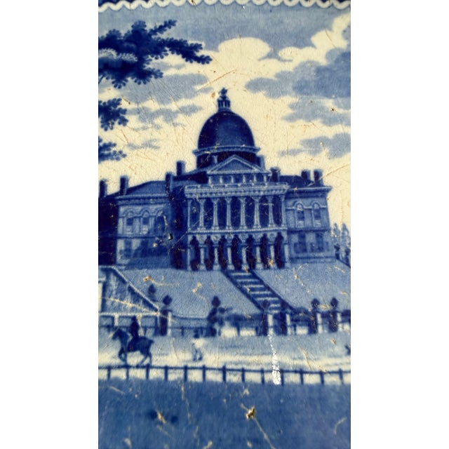 Staffordshire A Very Nice Antique Historical Blue Decorated Staffordshire Platter "State House Boston" by J. Stubbs, Circa 1820's For Sale - Image 4 of 14