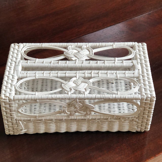 Shabby Chic Vintage White Wicker Tissue Box Holder For Sale - Image 3 of 13