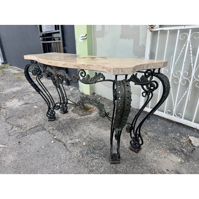 Mediterranean Vintage Maitland Smith Wrought Iron Console W Composite Stone Top For Sale - Image 3 of 13