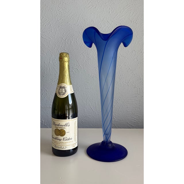 Contemporary Tall Blue Satin Glass Trumpet Vase For Sale - Image 3 of 8