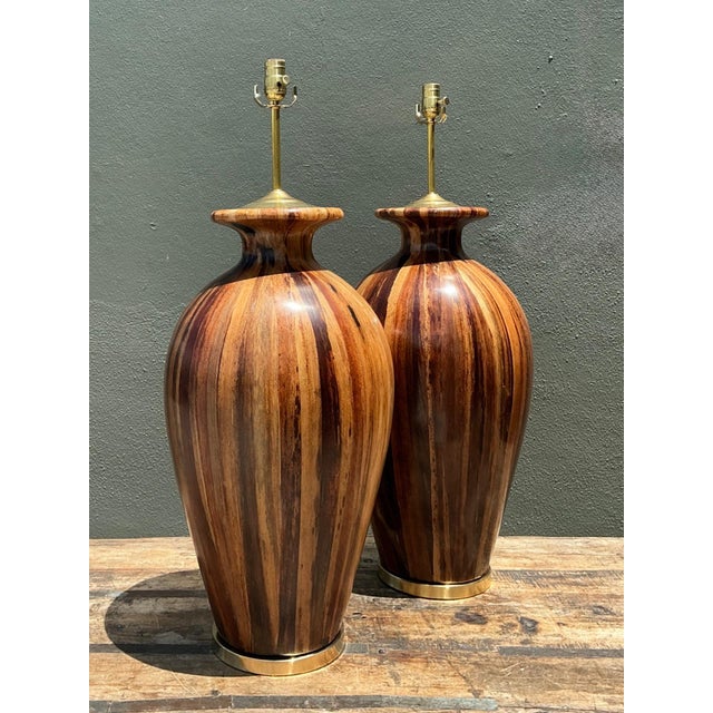 Chocolate Vintage Striped Wood Table Lamps With Brass Base - a Pair For Sale - Image 8 of 15
