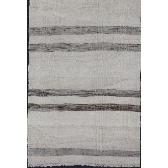 Mid 20th Century Vintage Turkish Kilim Runner With Horizontal Stripes in Gray Charcoal & Cream For Sale In Atlanta - Image 6 of 11
