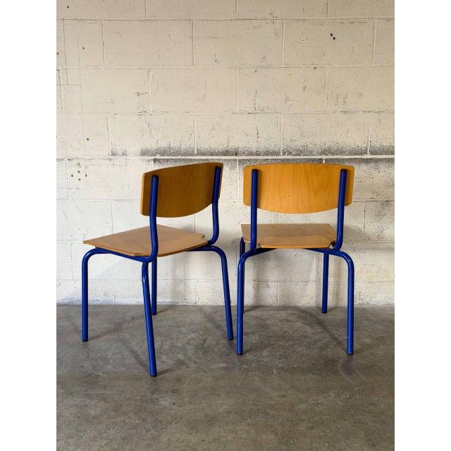 Blue Tubular Steel Stacking Chairs Set of 2 European Vintage Mid-Century Modern 1970s For Sale In Los Angeles - Image 6 of 11