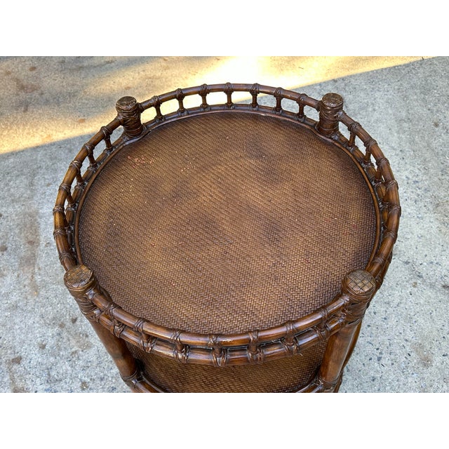 McGuire Three Tier Dark Rattan Bamboo and Leather Rolling Bar Cart For Sale - Image 4 of 12