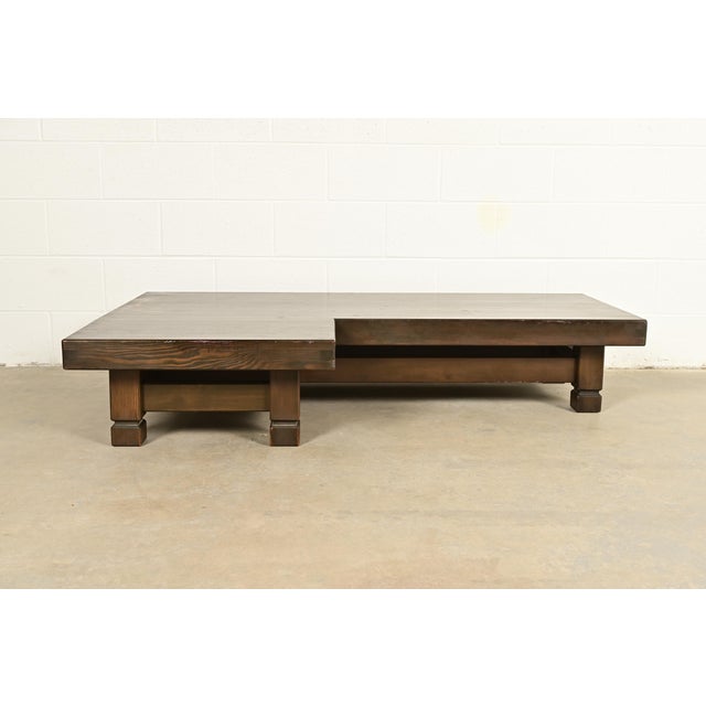 A rare Mid-Century Modern rustic Brutalist geometric L-shape hemlock coffee table By Klaus Rausch for Rausch Collection,...