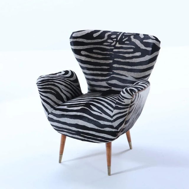 1950s A Pair of Wingback Chairs by Paolo Buffa Recently Upholstered With Zebra Print Leather, Circa 1950. For Sale - Image 5 of 9