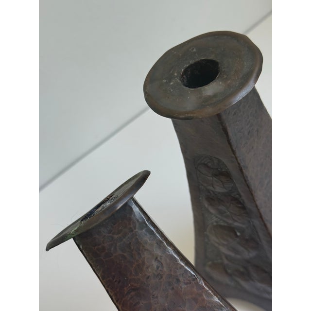 Metal Antique Original Arts & Crafts Hammered Copper Candle Sticks a Pair C. 1905 For Sale - Image 7 of 12