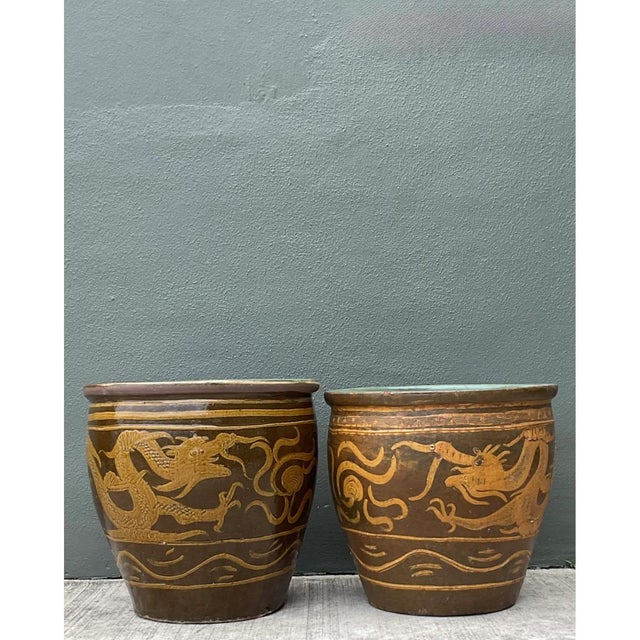 Auburn Vintage Chinese Dragon Motif Ceramic Planters - Pair For Sale - Image 8 of 12