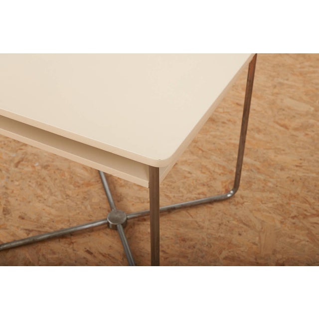 Table in Frame Made of Chrome-Plated Steel Tubing, Tabletop and Shelf Made of Wood Painted Grey. For Sale - Image 5 of 13