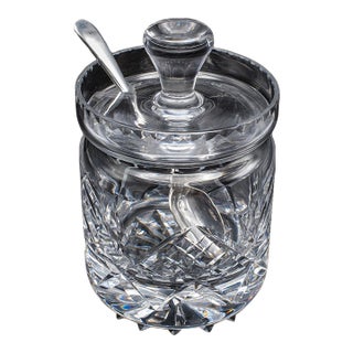 Vintage Jam Jar & Spoon, English Cut Glass Preserve Pot, Condiments, Mid Century For Sale
