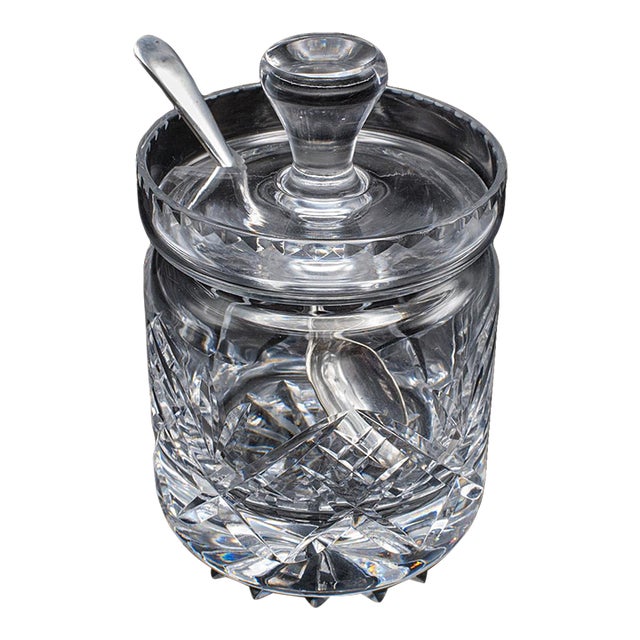 Vintage Jam Jar & Spoon, English Cut Glass Preserve Pot, Condiments, Mid Century For Sale