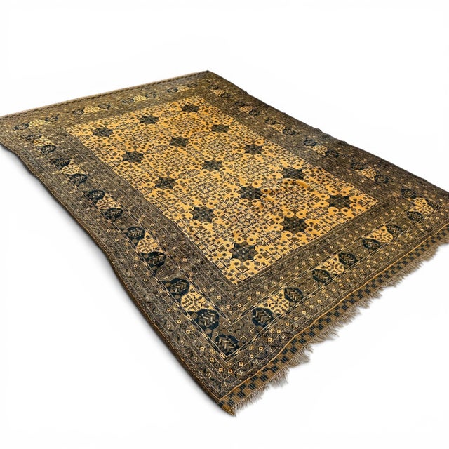 Islamic Vintage Afghan Rug 9x10 – 8-Point Star Motif in Golden Beige, Brown & Blue For Sale - Image 3 of 5