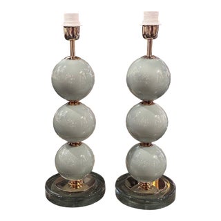 Murano Pale Green Glass Ball Form Lamps - a Pair For Sale