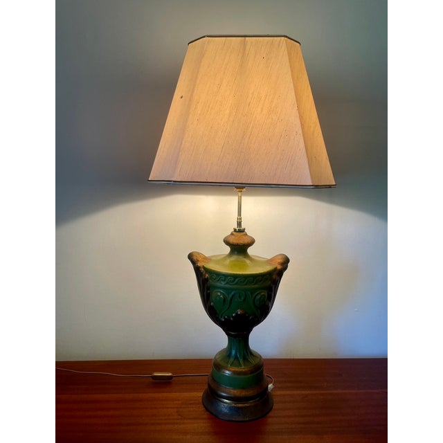 Large olive green and bronze ceramic lamp from the second half of the 20th century in the shape of an antique Greco-Roman...