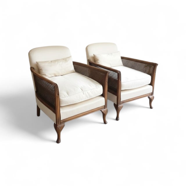 Vintage Louis XV Style Cane and White Fabric Armchairs, 1950, Set of 2 For Sale - Image 10 of 10