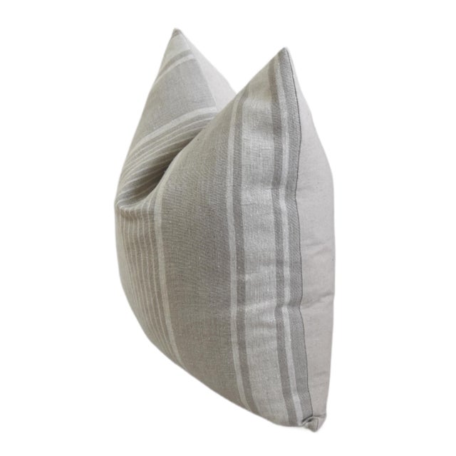 French Coastal Taupe and White Stripe Linen Feather/Down Pillow For Sale - Image 4 of 6