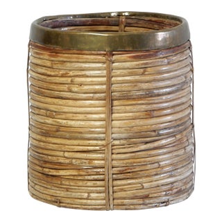1960's Italian Sculpted Pencil Reed Rattan Planter With Hammered Brass Trim For Sale