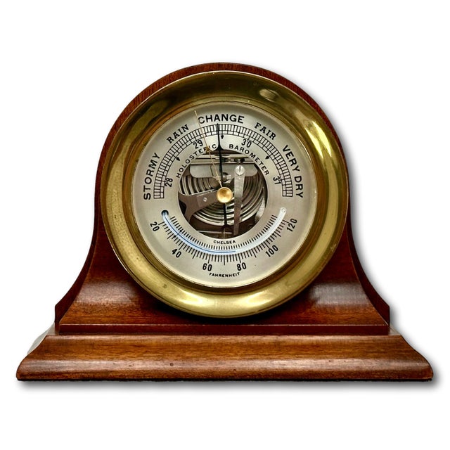 Mid 20th Century Fine Vintage Mid 20th Century Brass & Mahogany Ships Barometer & Thermometer by Esteemed Boston Maker "Chelsea" For Sale - Image 5 of 18