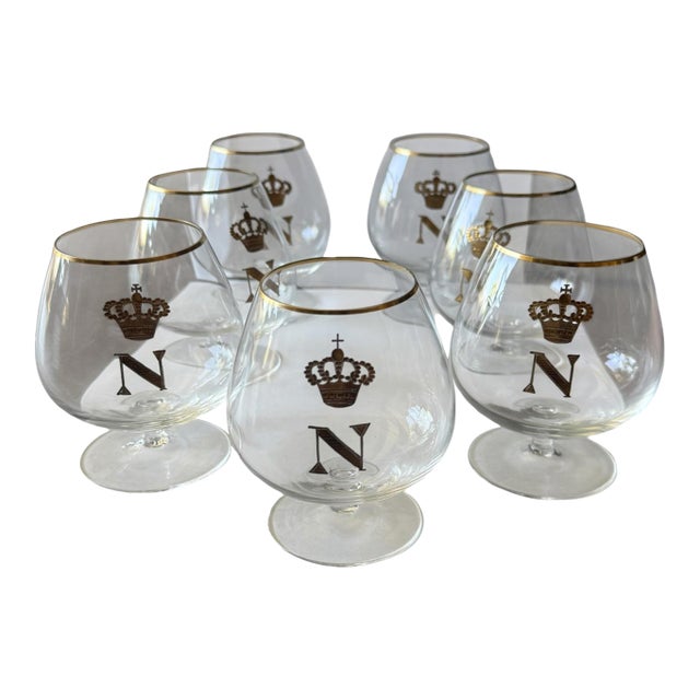 Vintage French Empire Napoleon “N” in the Style of Baccarat Gilt Brandy Snifters, Set of 7 For Sale