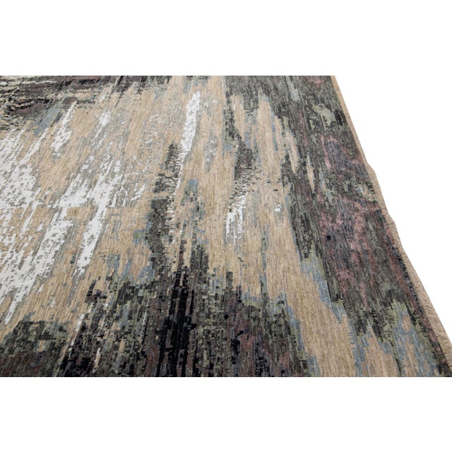 Modern Indian Abstract Beige and Gray Handmade Wool and Silk Rug For Sale - Image 9 of 10