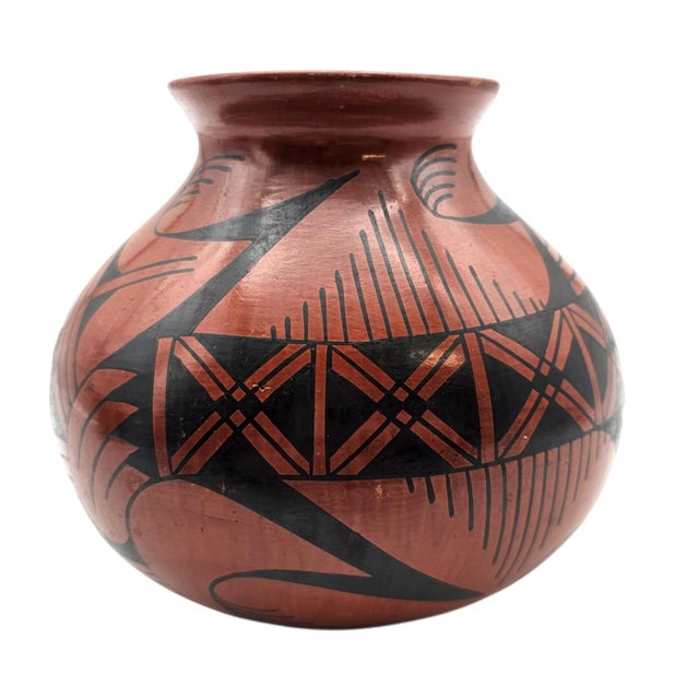 Signed Lupe Soto Mata Ortiz Hand Painted Black on Red Geometric Burnished Pottery Vase 6" For Sale In San Francisco - Image 6 of 11