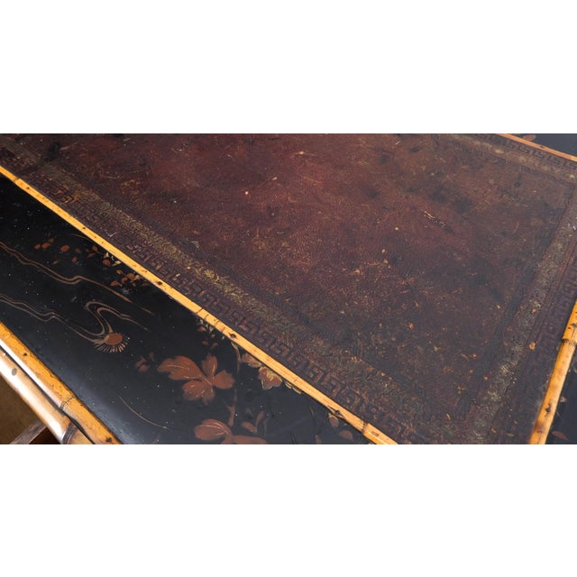 Antique Asian Oriental japaneese Burned Bamboo Hand Painted Decorated Desk Table For Sale - Image 12 of 18