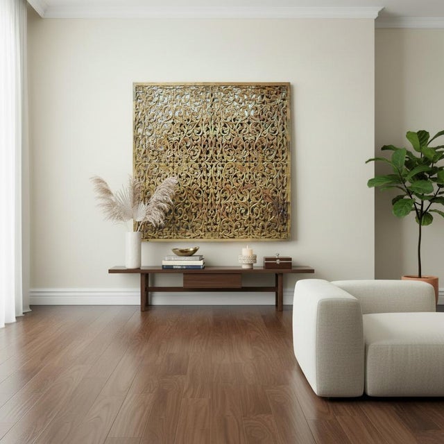 Handmade Hand Carved Wall Panel | Entryway Living Room Decorative Wall Hanging | Farmhouse Squire Panel Rustic Distressed | Indian Furniture For Sale - Image 4 of 4