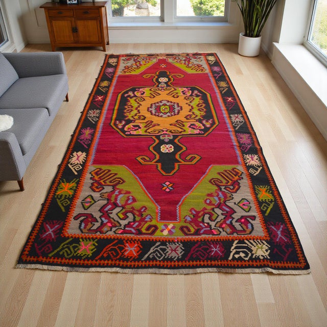 Oversized 1960s Sivas kilim, hand-woven wool on wool with natural dyes; striking tribal medallion; perfect for great rooms...